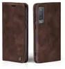 A brown leather flip case for a smartphone is shown from two angles. Produktbild-Vorschau