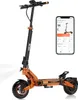An orange and black electric scooter is shown next to a smartphone displaying an app interface. Produktbild-Vorschau