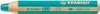 A close-up of a turquoise colored pencil with branding and product information printed on it. Produktbild-Vorschau