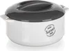 A white and gray insulated food container with a dark gray lid and a handle. Voir les images du produit
