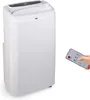 A white portable air conditioner unit is shown next to a hand holding a remote control. Produktbild-Vorschau