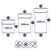 Diagrams showing the dimensions and capacities of three different sized storage containers. Produktbild-Vorschau
