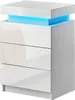 A white high-gloss bedside table with three drawers and blue LED lighting. Voir les images du produit