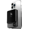 A black magnetic power bank is attached to the back of a silver smartphone. Produktbild-Vorschau