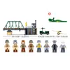 A collection of toy building blocks depicting a military scene with a bridge, building, vehicles, and figures. Produktbild-Vorschau