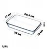 A clear, well-lit studio shot of a glass baking dish with dimensions and capacity indicated by text overlays. Podgląd zdjęcia produktu