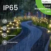 A pathway in a garden at night, illuminated by many mushroom-shaped solar lights. Produktbild-Vorschau