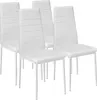 Four white dining chairs are arranged in a row against a white background.