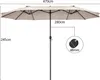 A large, beige, double patio umbrella is shown against a white background with dimensions and a close-up of the pole diameter indicated. Anteprima dell’immagine prodotto