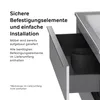 A close-up view of a bathroom cabinet drawer, with text describing its features. Produktbild-Vorschau