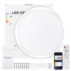 A white round LED ceiling light with its accessories, remote control, and smartphone app displayed. Produktbild-Vorschau