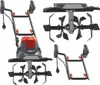 A collage of an electric tiller, showing different angles and close-ups of its components. Náhľad obrázku produktu