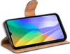 A smartphone in a brown flip case, shown from a diagonal angle. Produktbild-Vorschau