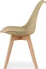 A side view of a modern chair with a beige seat and natural wood legs, isolated on a white background. Produktbild-Vorschau