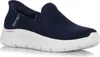 A navy blue Skechers slip-on sneaker with a white sole, shown from the side against a white background. Produktbild-Vorschau