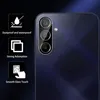 A close-up of the back of a dark blue smartphone, focusing on the camera module, with feature icons and text on the left side. Produktbild-Vorschau