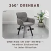 A gray armchair with black legs is shown in a room with a plant. Arrows indicate the chair can rotate 360 degrees. Produktbild-Vorschau
