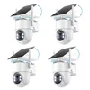 Four identical white solar-powered security cameras are displayed against a white background, arranged in a 2x2 grid. Each camera features a solar panel on top and a rotating head with a lens and LED lights. Blue arrows indicate the adjustable angles of th Produktbild-Vorschau
