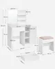 A diagram showing the dimensions of a white vanity table and stool. Produktbild-Vorschau
