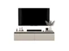 A television mounted above a modern media console. Produktbild-Vorschau