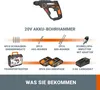 A diagram showing the contents of a WORX 20V cordless hammer drill kit. Produktbild-Vorschau