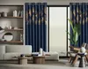 A living room scene with navy blue curtains featuring a gold ginkgo leaf pattern. Náhľad obrázku produktu