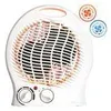 A white electric heater with two control knobs and indicator lights, shown against a white background. Two circular icons, one orange and one blue, are visible in the upper right corner, indicating heating and cooling functions.