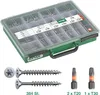 A green and clear plastic storage case filled with various sizes of screws, along with two large screws and two screwdriver bits shown below. Podgląd zdjęcia produktu