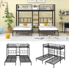 A collage of images showing a black metal bunk bed with three beds, one above two below, and two separate images of the metal frame of the bunk bed. Náhled obrázku produktu