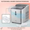 A Klarstein ice maker is shown with a graphic illustrating its quick cleaning feature and a separate inset showing its removable ice bin and scoop. Produktbild-Vorschau