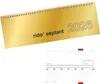 A golden desk calendar for the year 2026 with the brand name 'rido septant' printed on it, shown above a detailed view of its calendar pages. Voir les images du produit