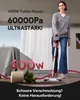 A woman is using a red and silver stick vacuum cleaner in a living room setting, with text overlays highlighting its power and features. Produktbild-Vorschau