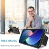 A man is sitting at a table in a cafe, looking at a phone case with a kickstand. Produktbild-Vorschau