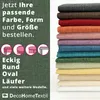 A dark green textured background with white text and icons on the left, and a stack of colorful fabric swatches on the right. Produktbild-Vorschau