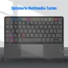 A dark gray keyboard with a touchpad and colorful highlighted keys, set against a light gray and white background with a shadow. Produktbild-Vorschau