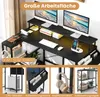 A collage of images showcasing an L-shaped desk with various accessories and features. Produktbild-Vorschau