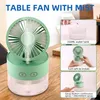 A collage showcasing a green table fan with mist functionality, including close-ups of its features and usage. Produktbild-Vorschau