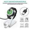A smartwatch on a charging stand with a USB cable and icons indicating features. Produktbild-Vorschau