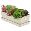 A rectangular ceramic planter filled with various artificial succulents, placed on a matching saucer. The planter is cream-colored and has a matte finish. A small tag is attached to the side of the planter. Produktbild-Vorschau