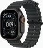 A close-up shot of a black Apple Watch Ultra with a black Ocean band, displaying a custom watch face with navigation and time information. Voir les images du produit
