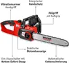 A diagram of a red and black electric chainsaw with labels pointing to its various features. Produktbild-Vorschau
