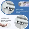 Collage showing two modes of a kitchen faucet, one with spray and one with stream, with accompanying text descriptions and a small inset image of someone washing dishes. Produktbild-Vorschau
