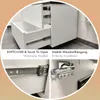 A collage of images showing details of a white bathroom vanity cabinet, including drawers and hinges. Produktbild-Vorschau