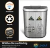 A split image showing a stainless steel dual-compartment trash can on the right and marketing graphics on the left. Anteprima dell’immagine prodotto