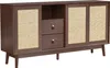 A dark brown sideboard with rattan woven doors and two drawers, set against a white background. Produktbild-Vorschau