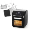 A black air fryer with various accessories laid out around it on a white background. Produktbild-Vorschau