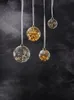 Four clear glass ornaments filled with fairy lights hang from white ribbons against a dark, textured background. Produktbild-Vorschau