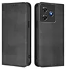 A black leather flip case for a smartphone is shown from two angles: closed and open, revealing the phone's camera module. Produktbild-Vorschau
