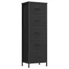 A tall, narrow, five-drawer dresser made of black fabric and a black metal frame, shown against a white background. Produktbild-Vorschau