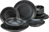 A set of black stoneware plates and bowls with gold trim, arranged on a white background. Náhľad obrázku produktu